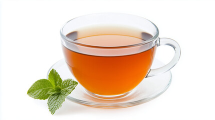 A Cup of Tranquility: A steaming cup of tea, served in a clear glass mug with a fresh sprig of mint, invites you to savor a moment of relaxation and mindful reflection.