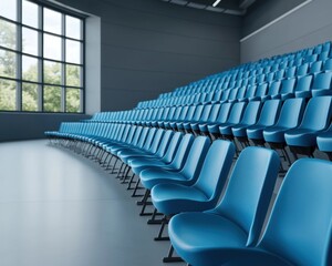 Fototapeta premium Modern Blue Chairs in an Empty Auditorium with Natural Light