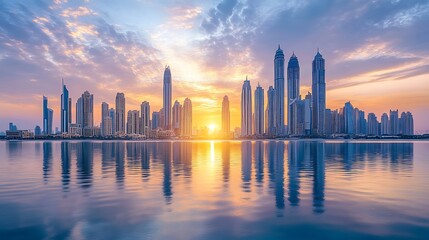 Sunset view highlighting the skyline of a city with tall buildings