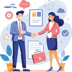 People shaking hands at work - Two businesspeople, man and woman doing handshake in office at work while smiling over business agreement and deal. Flat design stock illustration on white background