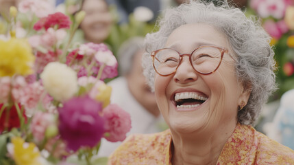 Obraz premium Radiant Joy: An elderly woman with a radiant smile, surrounded by vibrant flowers, exudes happiness and the beauty of aging gracefully. 
