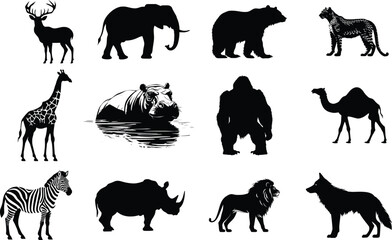 Naklejka premium Wild animals silhouette bundle, set of wild animals silhouette vector. Generative ai