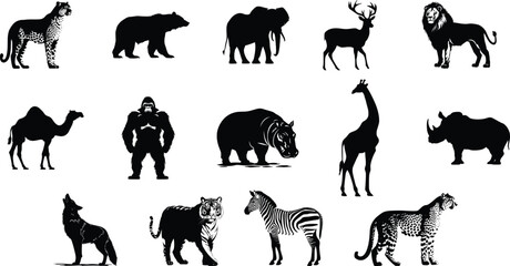 Naklejka premium Wild animals silhouette bundle, set of wild animals silhouette vector. Generative ai