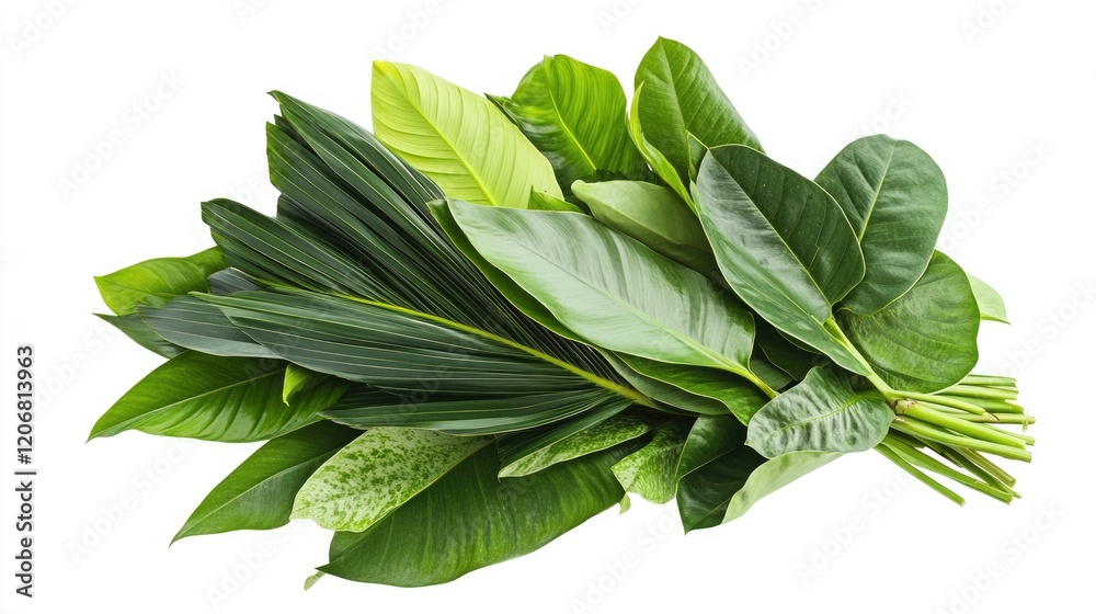 Aufkleber close-up view of a bouquet made entirely of various fresh green tropical leaves, isolated on a white