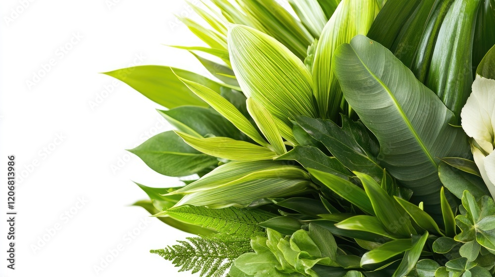 Poster close-up view of a bouquet made entirely of various fresh green tropical leaves, isolated on a white