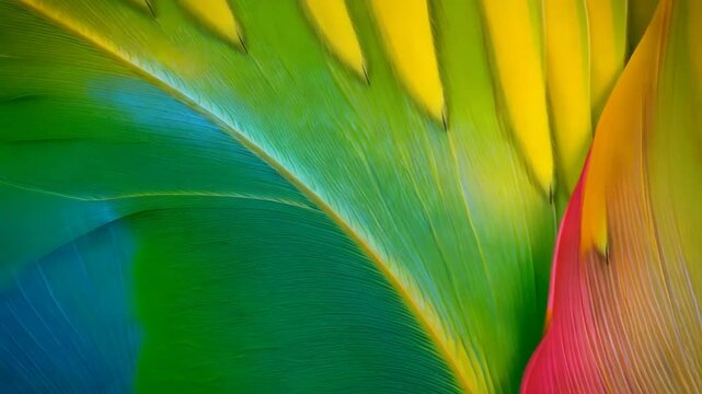Vivid abstract wave background with vibrant parrot feather textures in bright green, yellow tips, and subtle red accents, created in a 3D render.
