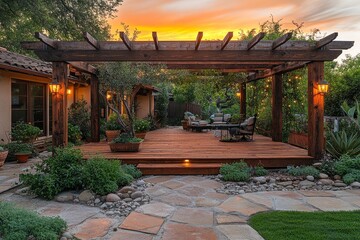 Naklejka premium Redwood deck with wooden arbor, pathway with lights leading to patio, tree and plants in California backyard during golden hour.