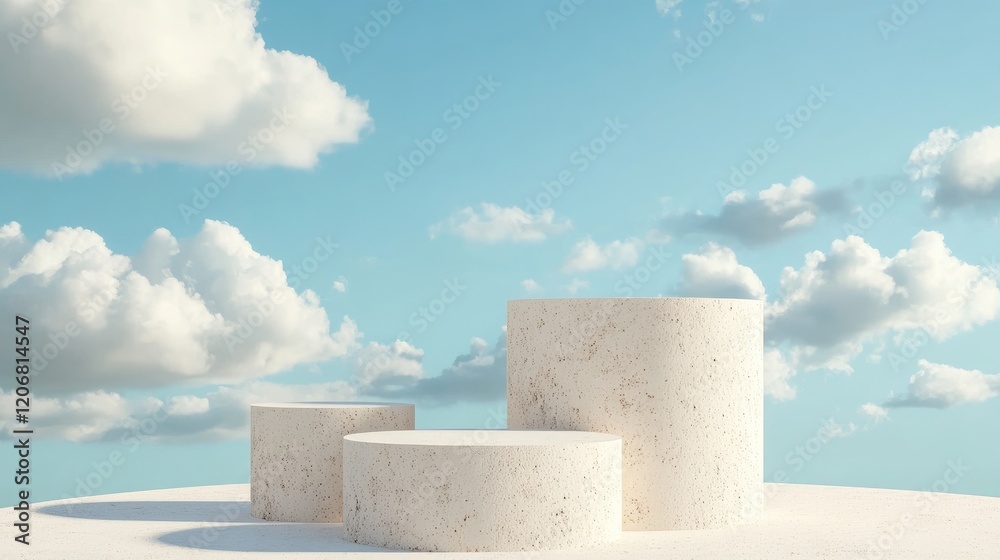 Poster cylindrical light beige cement podium with product display space, set against a sky-blue background 
