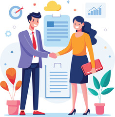 People shaking hands at work - Two businesspeople, man and woman doing handshake in office at work while smiling over business agreement and deal. Flat design stock illustration on white background
