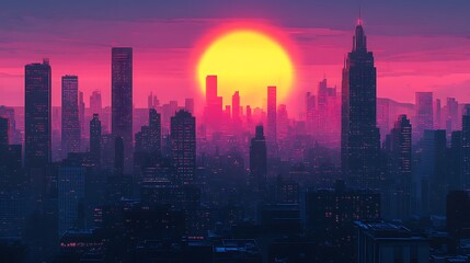 Fototapeta premium Urban skyline glowing under a vibrant setting sun