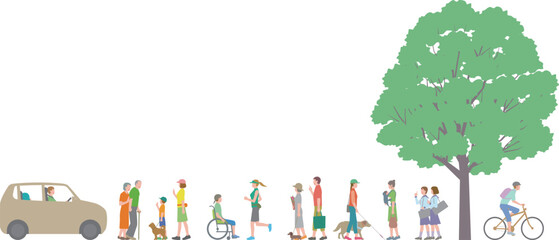 挨拶をしたりペットの散歩をする歩く人々の日常風景イラスト