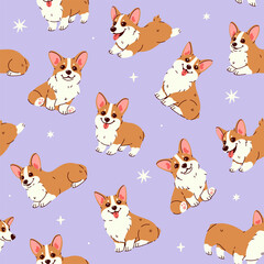 Seamless pattern with cute red corgis on a light purple background. Vector graphics.