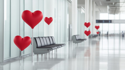Love in the Air: A row of empty seats in an airport departure lounge is adorned with crimson heart-shaped balloons, evoking a sense of anticipation and hopeful romance.  