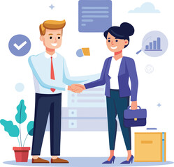Obraz premium People shaking hands at work - Two businesspeople, man and woman doing handshake in office at work while smiling over business agreement and deal. Flat design stock illustration on white background
