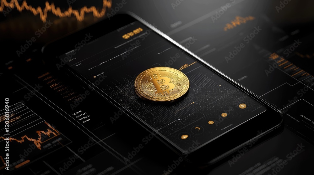 Poster golden bitcoin coin on a black mobile phone background with crypto trading charts, representing cryp