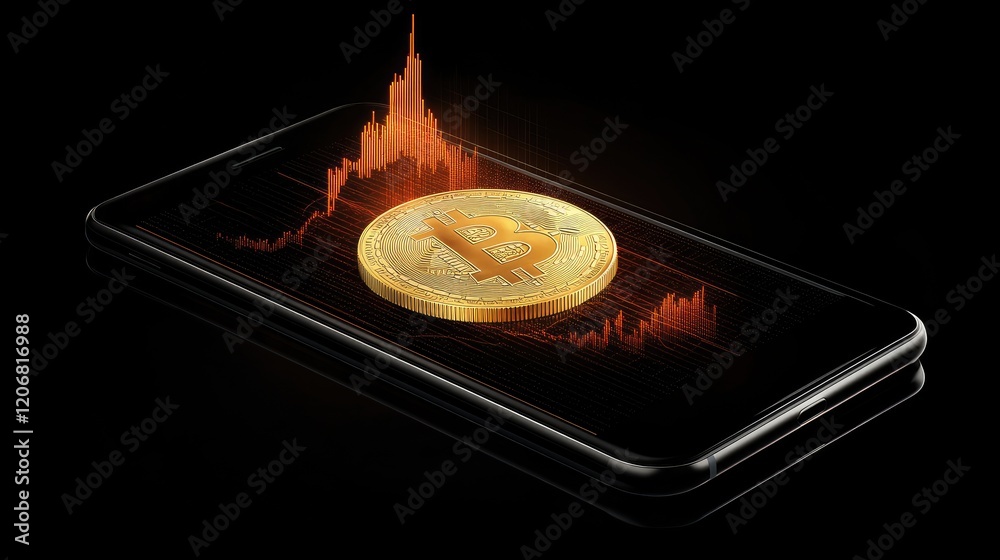 Aufkleber golden bitcoin coin on a black mobile phone background with crypto trading charts, representing cryp