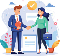 Obraz premium People shaking hands at work - Two businesspeople, man and woman doing handshake in office at work while smiling over business agreement and deal. Flat design stock illustration on white background