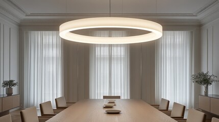 Modern minimalist dining room with circular pendant light.