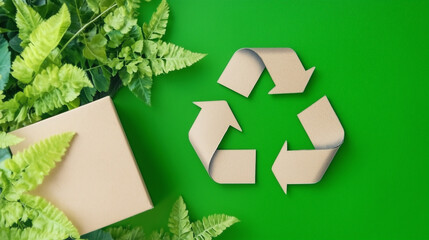 Recycling Symbol with Cardboard and Green Leaves on Green Background