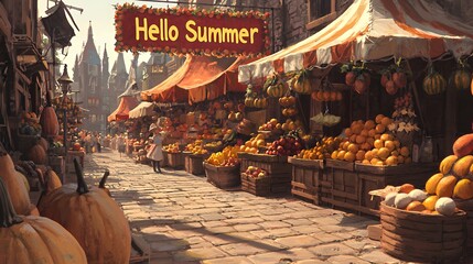 Hello Summer: A Vibrant Medieval Market Street Scene