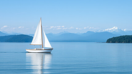 Fototapeta premium Solitude on the Sea: A white sailboat glides gracefully through the tranquil waters, its sails billowing in the gentle breeze against a backdrop of distant mountains.