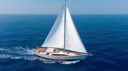 Fototapeta premium Sailing into the Horizon: A sleek sailboat slices through the azure waters, its sails billowing in the wind as it heads towards the endless blue horizon. The sun glints off the water.