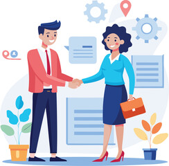 People shaking hands at work - Two businesspeople, man and woman doing handshake in office at work while smiling over business agreement and deal. Flat design stock illustration on white background