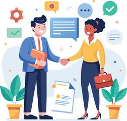 People shaking hands at work - Two businesspeople, man and woman doing handshake in office at work while smiling over business agreement and deal. Flat design stock illustration on white background