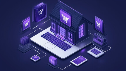 E-commerce Home:  A futuristic isometric illustration of a virtual home, representing a modern online store with a shopping cart icon, linked to various devices through connected networks.
