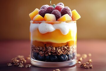 Delicious layered dessert with yogurt, mango, granola, blueberries and raspberries in glass