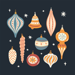 Vector Christmas hand drawn objects set. Flat styled New Year illustrations isolated. Bright and colorful design for cards, invitation, fabric, package design.