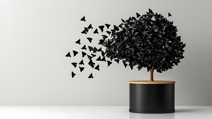 Abstract black tree disintegrating, minimalist studio
