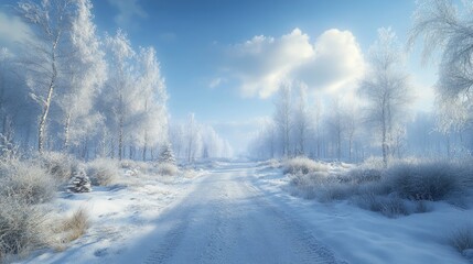 Fototapeta premium Snowy road leading through a frosty winter wonderland forest