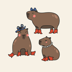 Cute hand drawn illustration set with capybaras dressed in boots and jewelry. Animal vector objects isolated on white. Template for package, gift card, ads design