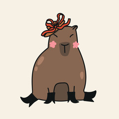 Cute hand drawn illustration with capybara dressed in boots and pretty hat with ribbon bow. Animal vector design object isolated on white. Template for package, gift card, ads design