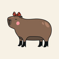 Cute hand drawn illustration with capybara dressed in boots and pretty ribbon bow. Animal vector design object isolated on white. Template for package, gift card, ads design