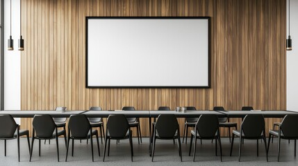 Blank wall with sleek wooden panels, thin black frame enhances bold modern design.