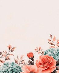 Obraz premium Elegant floral arrangement with coral roses and teal hydrangeas on soft background, Blank background space for text