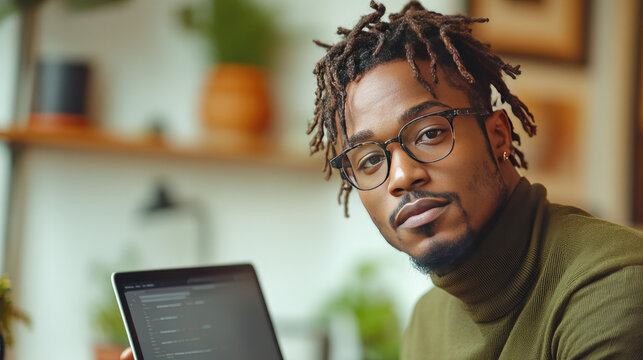 Young man wearing glasses and a green sweater reading a digital tablet in a cozy, plant-filled environment. Warm lighting and shallow depth of field highlight the serene atmosphere. - Powered by Adobe