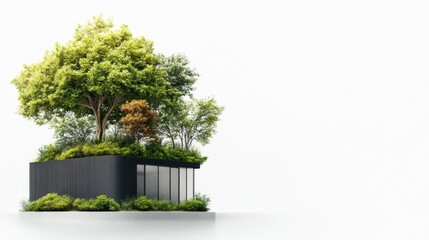 Obraz premium Modern architectural design featuring a sustainable green building with lush trees and vibrant foliage on a minimalist white background, emphasizing eco-friendly living.