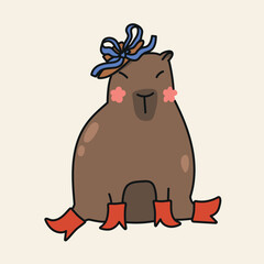 Cute hand drawn illustration with capybara dressed in boots and pretty hat with ribbon bow. Animal vector design object isolated on white. Template for package, gift card, ads design