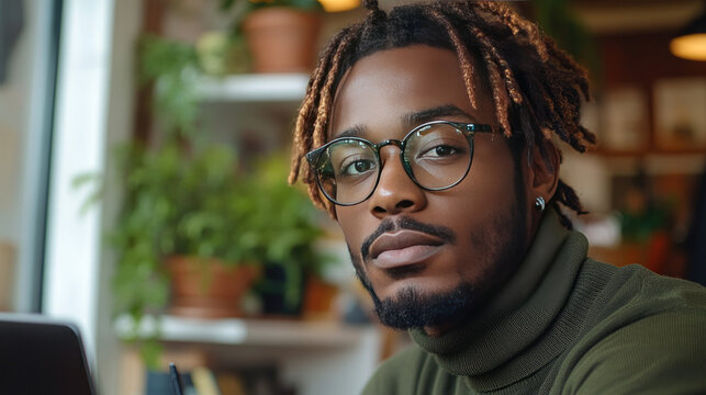 Young man wearing glasses and a green sweater reading a digital tablet in a cozy, plant-filled environment. Warm lighting and shallow depth of field highlight the serene atmosphere.