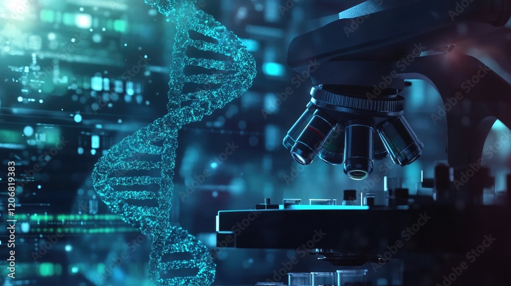 Poster microscope focused on animated dna macro image, with laboratory equipment in the background, capturi