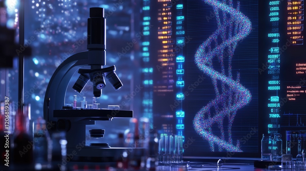 Poster microscope focused on animated dna macro image, with laboratory equipment in the background, capturi