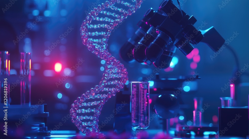 Poster microscope focused on animated dna macro image, with laboratory equipment in the background, capturi