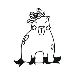 Cute hand drawn illustration with capybara dressed in boots and pretty hat with ribbon bow. Animal vector design object isolated on white. Template for package, gift card, ads design