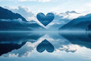 Fototapeta premium Heart-shaped cloud reflection in still lake, mountain silhouettes