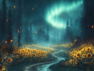 Enchanting Aurora Over Sunflower Field Path on Summer Day