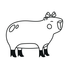 Cute hand drawn illustration with capybara dressed in boots and pretty ribbon bow. Animal vector design object isolated on white. Template for package, gift card, ads design