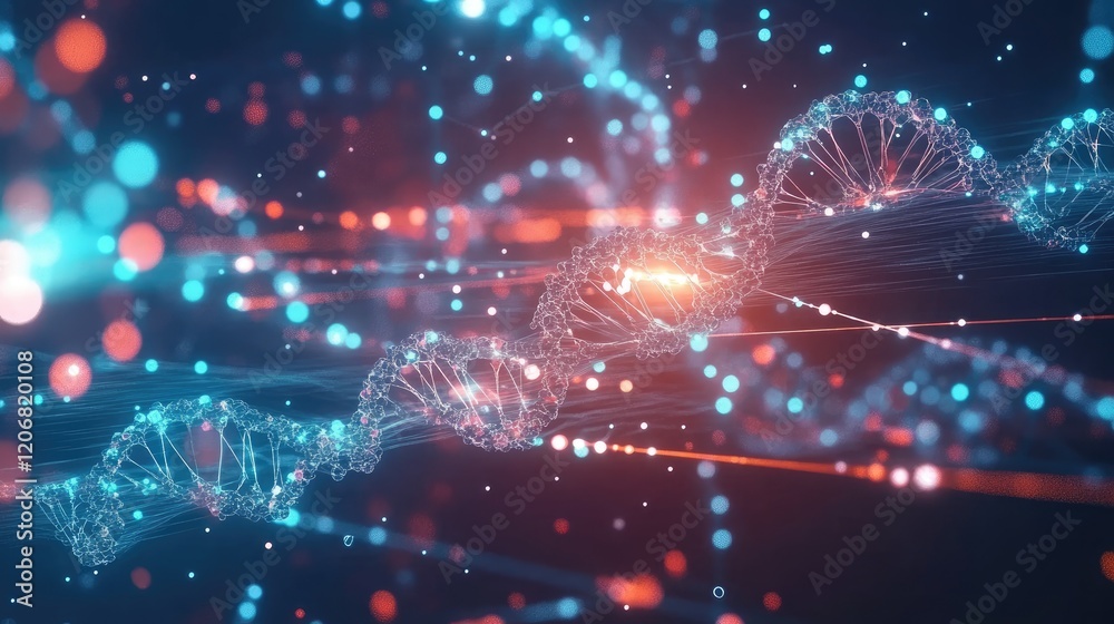 Poster molecular structure with dna strands and scientific graphs, illustrating the advanced technologies i